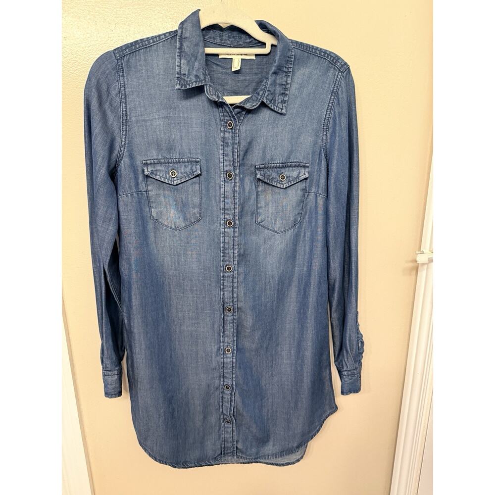 Women’s Chambray Denim Button Up Shirt Dress Long Sleeve Blue Life In Progress